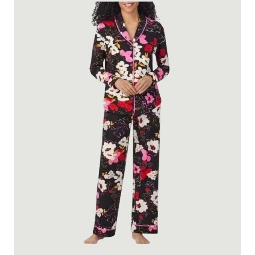 NEW  Room Service Shawl Collar Pajama Set XL Black Floral Print N0039